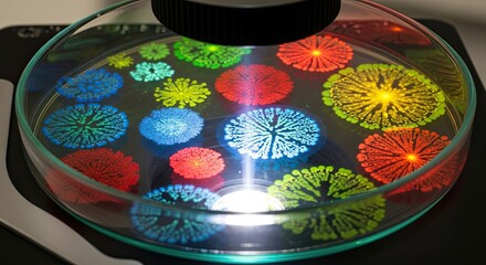 Vibrant, colorful microbial colonies bloom in a petri dish, showcasing intricate patterns under scientific illumination for groundbreaking research and educational purposes.
