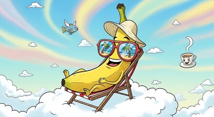 Relaxed Banana Enjoying Vacation on Cloud with Sunglasses and Hat.