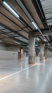A large empty parking garage with numerous concrete pillars, clean polished floor, fluorescent lighting casting long shadows, spacious industrial interior, muted color palette