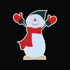 Cute snowman wearing a red scarf and mittens, smiling with joy on black background. Perfect for winter, Christmas, and holiday design themes.