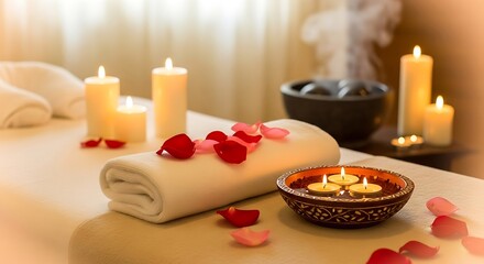 Relaxing Spa Setting with Candles, Rose Petals, and Steaming Bowl.
