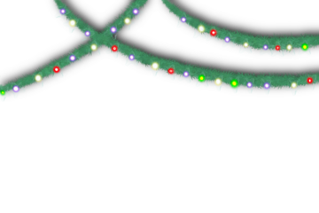 Festive green garlands decorated with glowing multicolor lights and star-shaped bulbs on a transparent background, perfect for Christmas banners, cards, and design overlays.