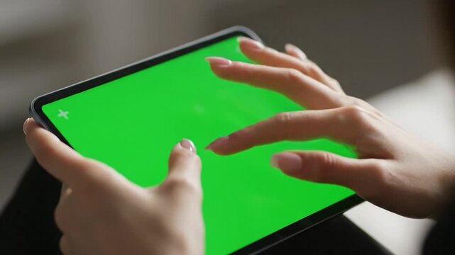 Close-up of hands interacting with a tablet's bright green screen, likely for content