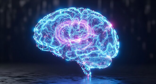 Futuristic Digital Brain with Neon AI Neural Network Visualization