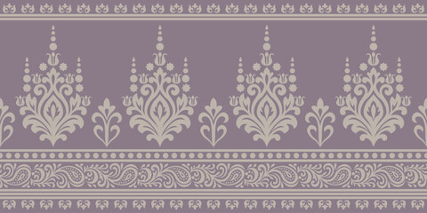Traditional floral pattern with ornamental design in beige on purple background, elegant vintage style decoration with symmetrical motifs