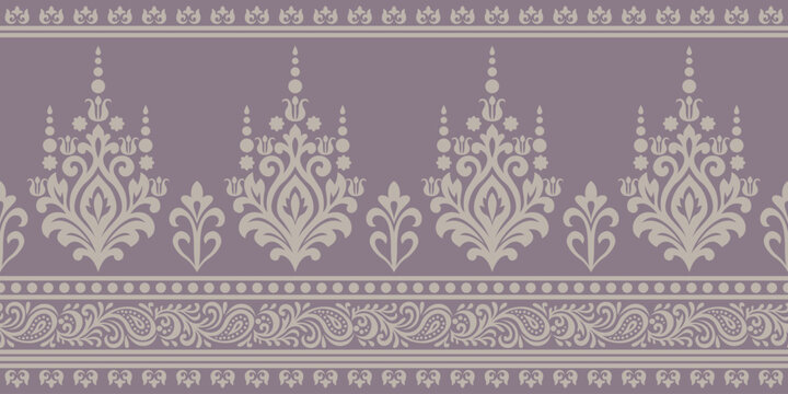Traditional floral pattern with ornamental design in beige on purple background, elegant vintage style decoration with symmetrical motifs