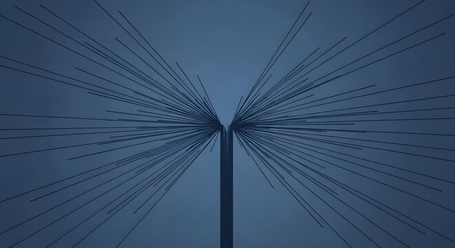 Futuristic abstract design with a central pillar and a multitude of radiating lines, evoking concepts of expansion, connectivity, and engineered elegance against a minimalist backdrop