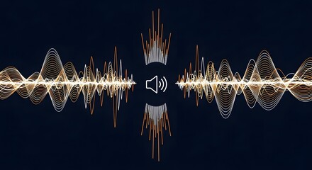 Symmetrical audio waveform radiating from a central speaker icon, an abstract visualization of sound, music, and digital signal processing