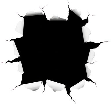 Torn paper edge creating a jagged hole with curled white paper fragments and thin dark lines isolate ripped abstract graphic design element texture break