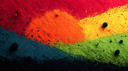 Vivid abstract multicolored powder background featuring orange red yellow green and teal with black spots captivating color palette
