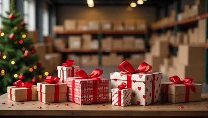 Obraz premium decorated merry christmas table with gifts boxes in warehouse interior background many presents wrapped with red ribbons and letters on desk in storage xmas postal shipping, created with generative ai