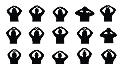 Heart hand gesture silhouettes isolated on white background, Vector