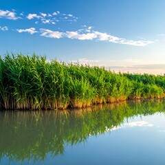A serene waterscape featuring lush, tall green reeds along the shoreline reflecting in the calm water under a blue sky with fluffy clouds