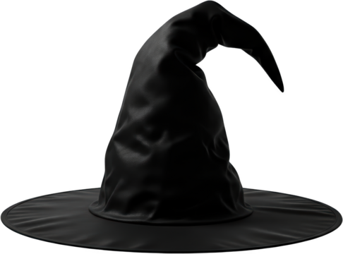 A detailed black wizard hat with a pointed crown and wide brim sits isolated ready to isolate witch magic fantasy costume spooky Halloween occult accessory