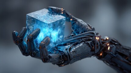 A futuristic robotic hand holding a glowing cube, showcasing advanced technology and artificial intelligence.