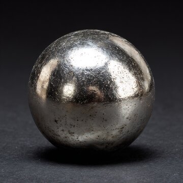 Single silver drage ball perfect sphere with a metallic mirror like finish reflecting a studio light isolated on a plain black background