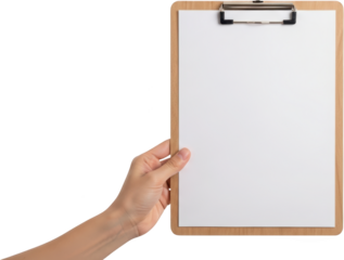 Hand holding a blank wooden clipboard with white paper and clip ready to write or present information isolate writing note document empty presentation