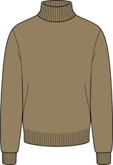 Men’s turtleneck sweater cad drawing flat vector illustration, winter knit pullover fashion technical sketch, casual long sleeve design template