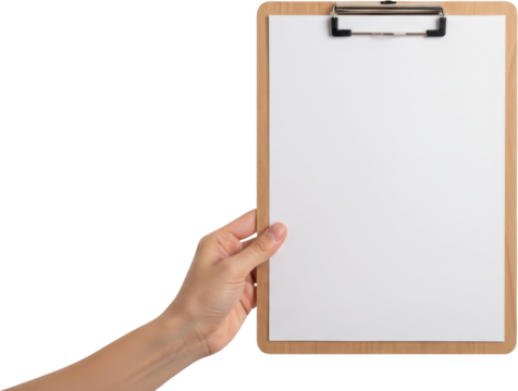 Hand holding a blank wooden clipboard with white paper and clip ready to write or present information isolate writing note document empty presentation