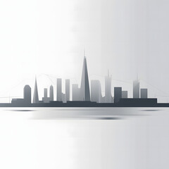 Obraz premium A highly stylized and minimalist depiction of a city skyline, rendered in dark grey silhouettes against a very light, almost white background. The buildings appear as sharp, almost angular forms, with