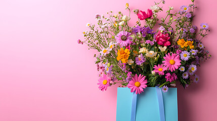Vivid floral arrangement in blue gift bag against pink background represents springtime elegance and celebratory moments provides ample copy space