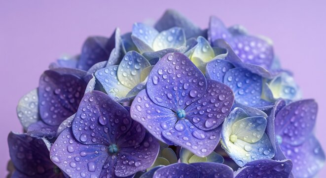 A vibrant blue and purple hydrangea flower covered in glistening water droplets, set against a soft purple background.
