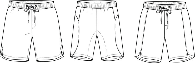 Men’s swim trunks fashion flat sketch, technical vector drawing template, swim shorts design with drawstring, board shorts CAD.