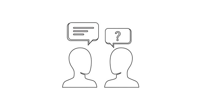 Two people silhouettes in conversation, one with a message bubble and the other with a question mark, representing communication and inquiry, isolated on white background