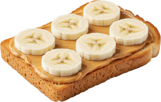 Whole wheat bread slice generously spread with smooth peanut butter topped with six perfectly round banana slices Isolated toast food breakfast snack sweet