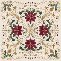 Floral Mandala Pattern with Burgundy Poinsettia and Golden Embellishments