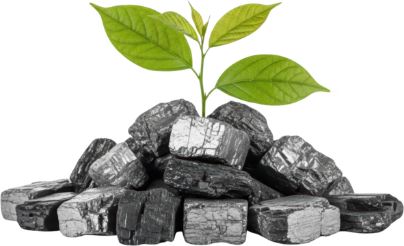 A vibrant green sprout emerges from a pile of rough dark coal rocks symbolizing growth and environmental change isolate plant new life nature contrast