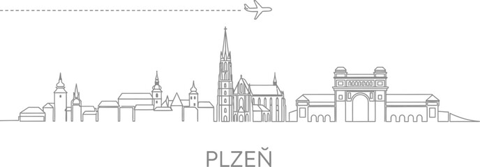 Obraz premium Plzen Skyline and Airplane Travel Icon