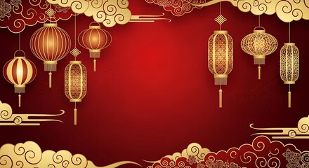 Chinese New Year Celebration with Lanterns and Clouds on Red Background.