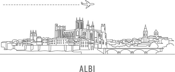 Obraz premium Albi Cityscape Skyline with Airplane and Bridge Line Drawing