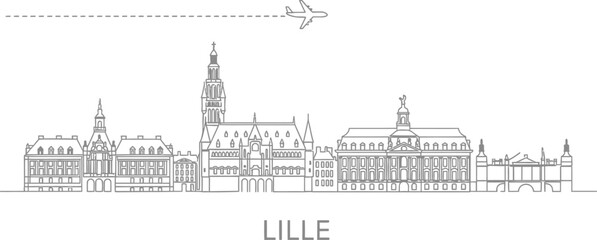 Lille Skyline Line Art with Airplane Icon and Text