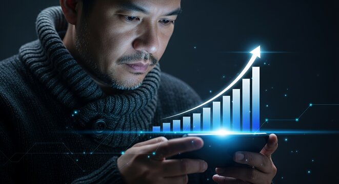 Man examining digital bar chart with upward trend on smartphone
