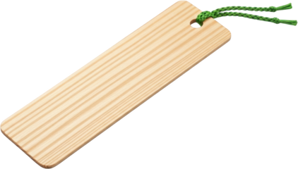 A smooth light colored wooden bookmark with a green braided cord accent presented against a stark black backdrop ready to isolate string page marker stationery transparent background