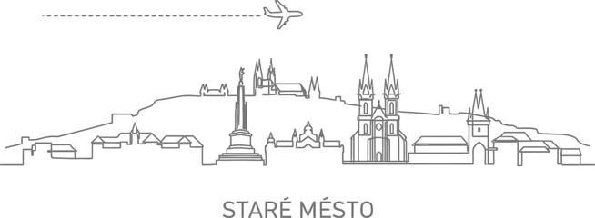 Obraz premium Minimalist Line Art Skyline of Staré Město with Airplane