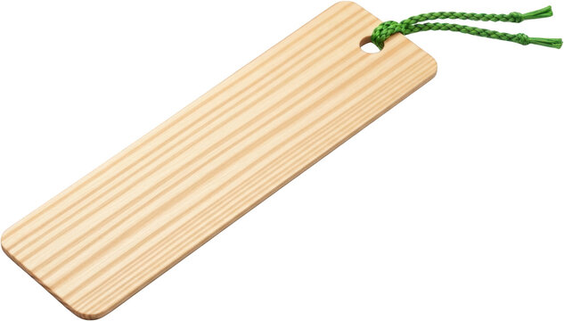 A smooth light colored wooden bookmark with a green braided cord accent presented against a stark black backdrop ready to isolate string page marker stationery transparent background - Powered by Adobe