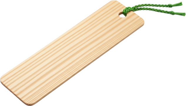 A smooth light colored wooden bookmark with a green braided cord accent presented against a stark black backdrop ready to isolate string page marker stationery transparent background - Powered by Adobe