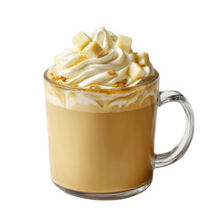 Delicious caramel latte macchiato topped with whipped cream and white chocolate