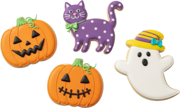 Decorated Halloween cookies featuring pumpkins a purple polka dot cat and a ghost in a hat isolate jack o lantern purple cat haunted spooky sweet treat