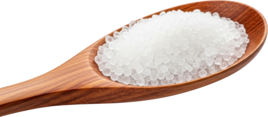 A wooden spoon filled with granular white sugar displaying a close up texture of sugar crystals isolate Ingredient Sweetener Food Macro Closeup Natural