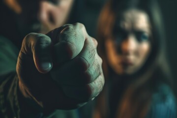 Tight fist in foreground, blurred woman crying with hands on face in background, emotional tension.