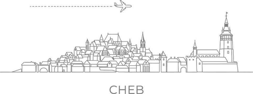 Cheb Skyline with Airplane Travel Line Art