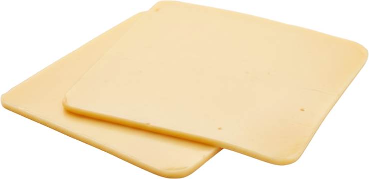Two Smooth Thin Slices Of Yellow Cheese Overlapping With Subtle Indentations And A Glossy Surface On A Transparent Background Ready To Isolate Dairy Food Sliced Transparent Background