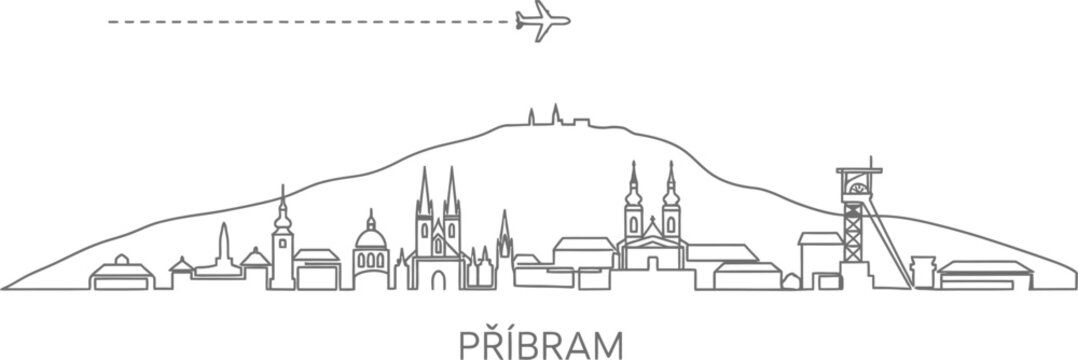Pribram skyline linear vector illustration with airplane