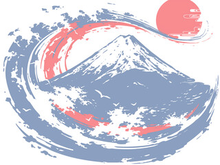 筆で描いた波と富士山と太陽の和風イラスト