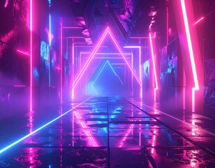 A futuristic tunnel with neon lights illuminating the walls and floor, creating a vibrant, geometric perspective