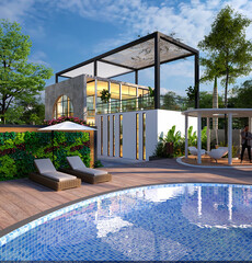 Modern Resort design and landscape with swimming pool.